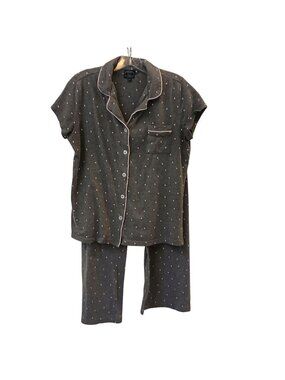 Laura Ashley Womens Medium Gray Pajama Set Polka Dots Piping Short SleeveTop V38